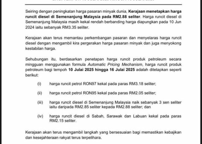 Harga diesel di semenanjung naik 3 sen per liter